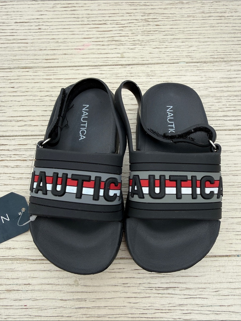 Nautica Kids Black Slides with Red & White Logo Band